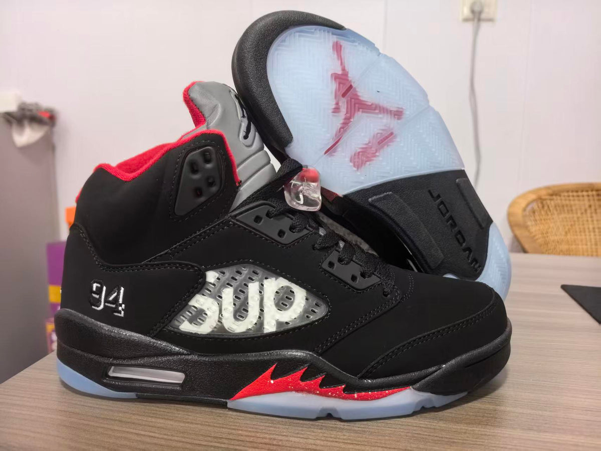 Air Jordan 5 Black and Red Collaboration Style Sneakers