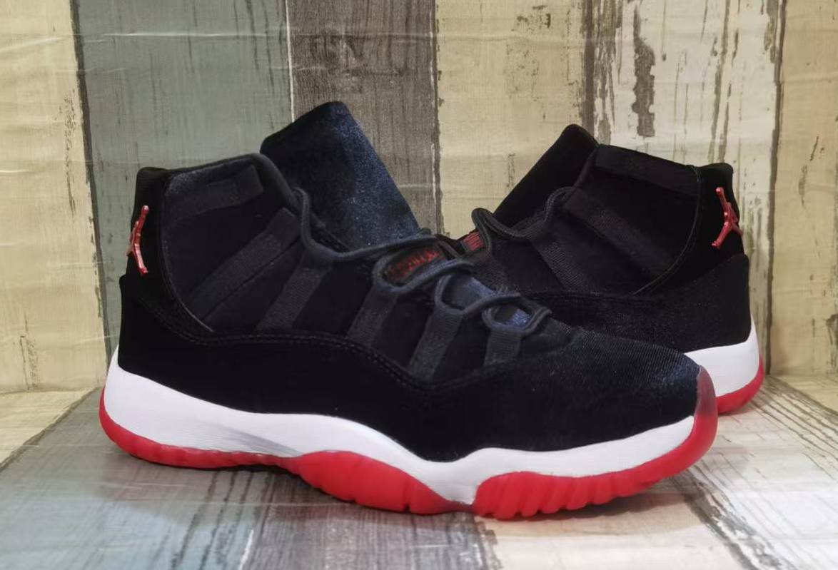 Jordan 11 Black and Red Velvet Sneakers for Men and Women