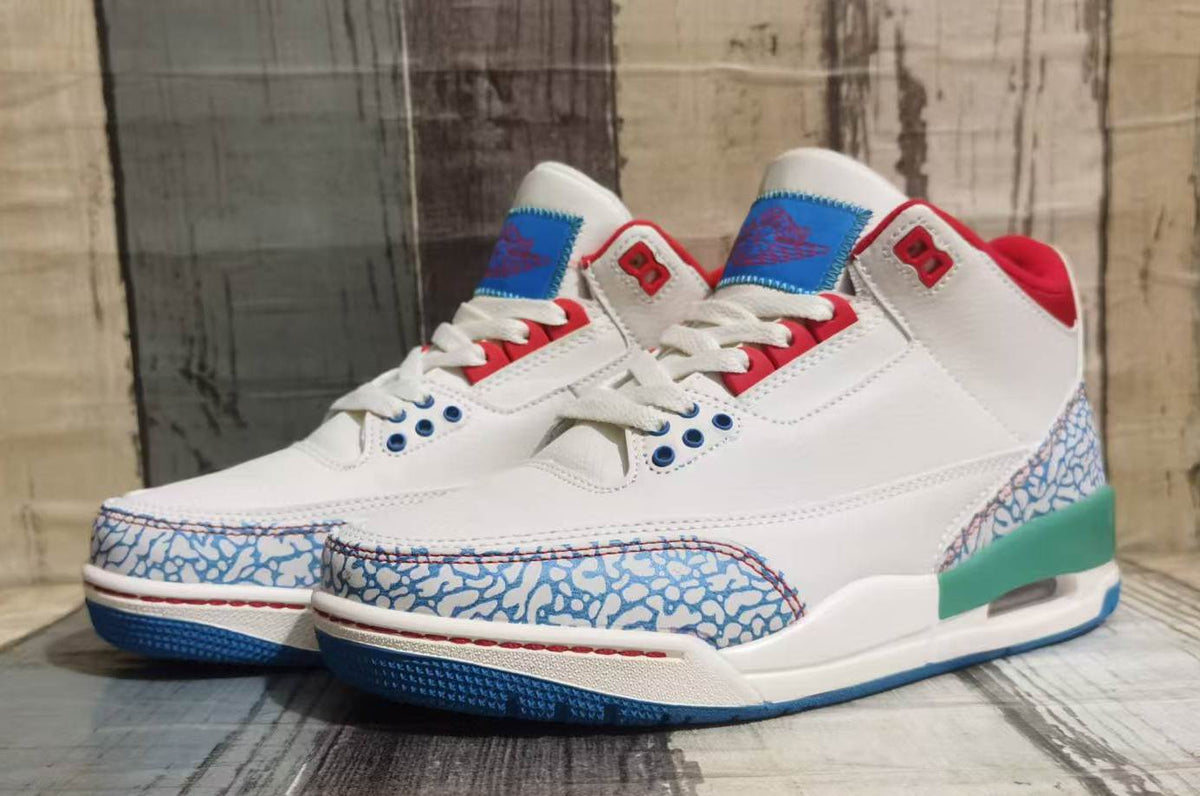 Jordan 3 Cream Blue and Red Men's Sneakers