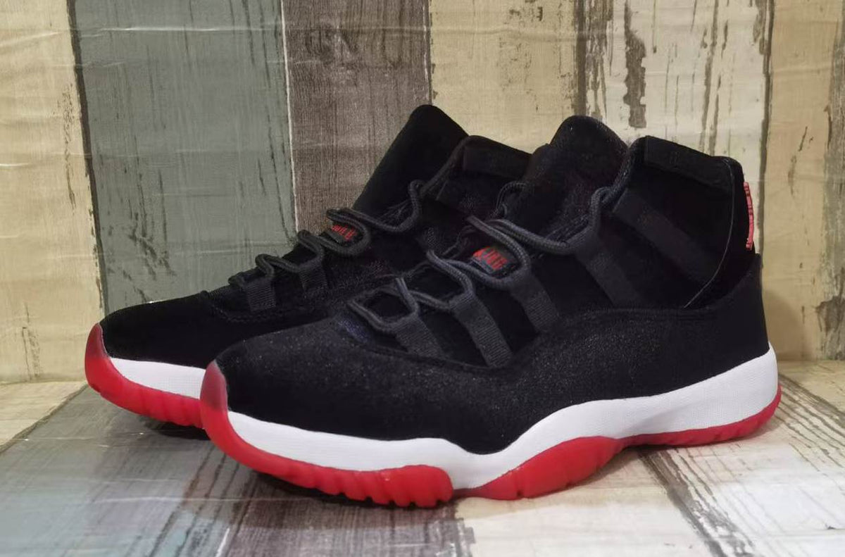 Jordan 11 Black and Red Velvet Sneakers for Men and Women