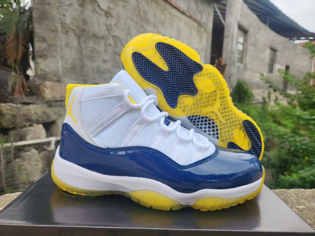 Air Jordan 11 White Blue and Yellow Sneakers