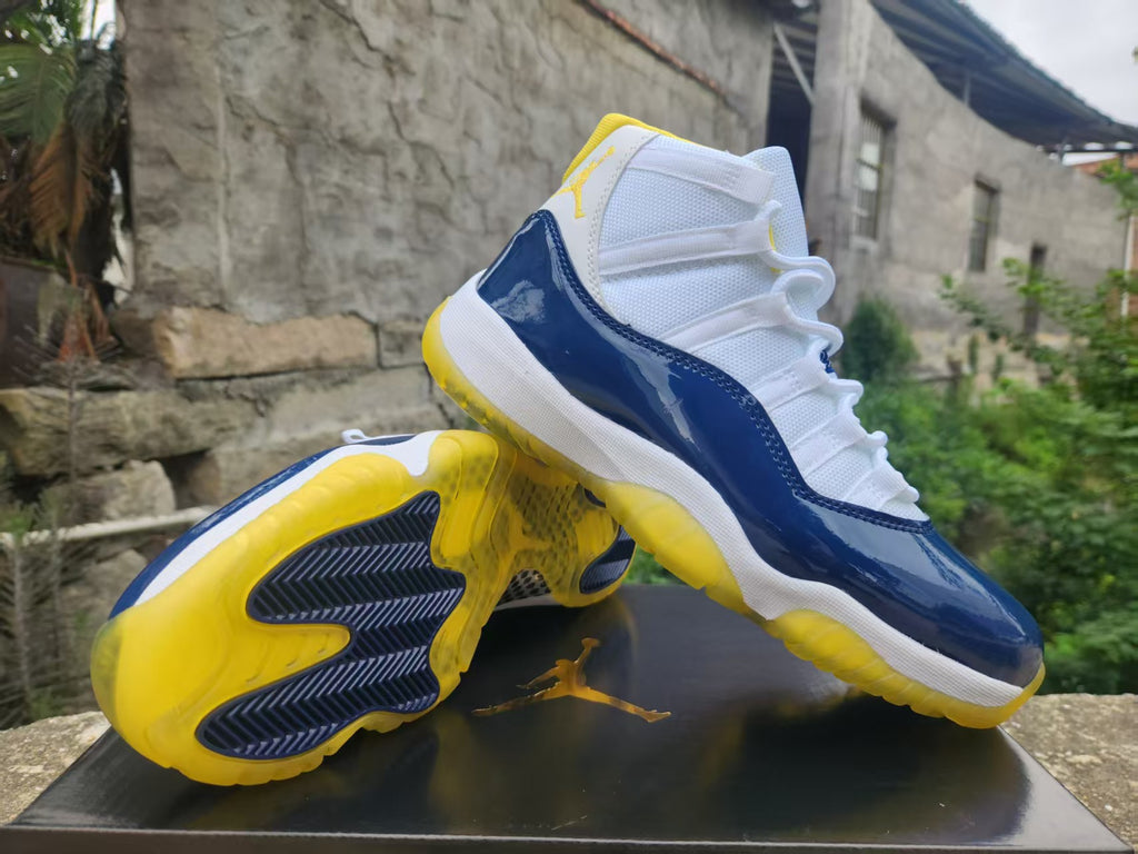Air Jordan 11 White Blue and Yellow Sneakers