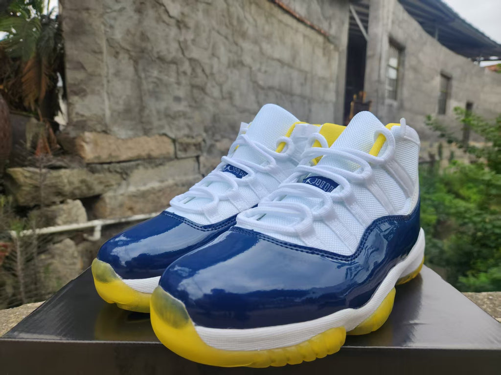 Air Jordan 11 White Blue and Yellow Sneakers
